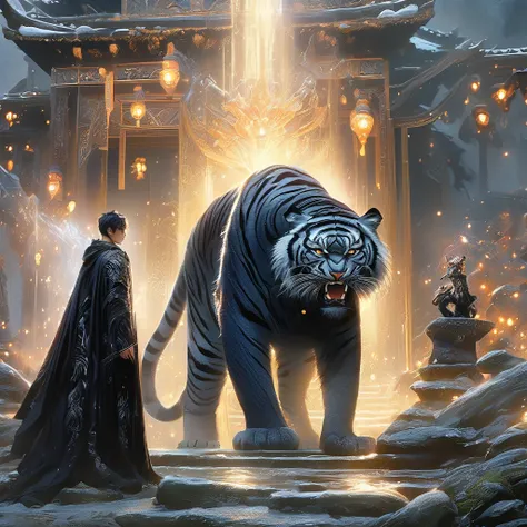 A large-bodied, seventeen-year-old male, dressed in black, with a black tiger standing next to him, and the evil of the fantasy world. ren's fairy tale character