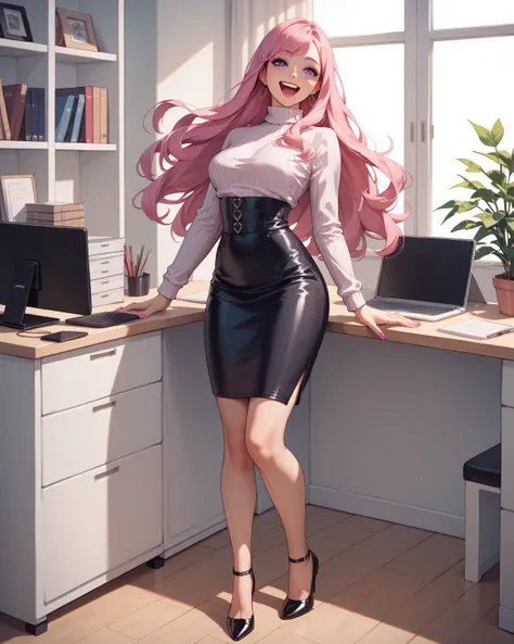 
cute girl beautiful girl 1 girl  ,   long hair,   pink hair,    purple eyes ,  ribbed sweater high waist skirt 
 They look delicate and soft standing in high heels and laughing indoors in the office 