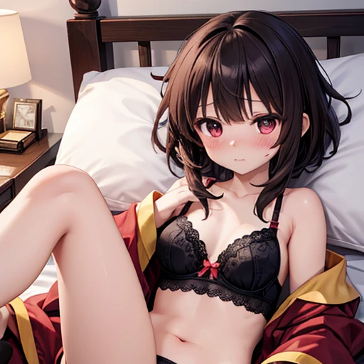  bless this wonderful world、Little Megumin、 super cute、 sexy、blush、 shy 、Megumin's clothes、Chest、Quite small breasts、Bra、 sleeping in bed、 M lettering、underwear、UHD、 Masterpiece、correct、 anatomically correct、 textured skin、 Super Details 、 Hi-Res、 hyperrea...