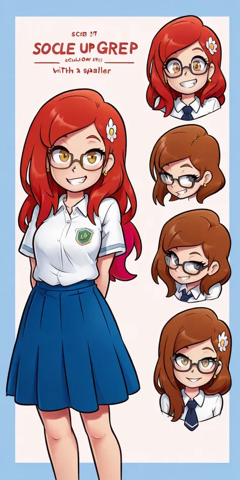 a girl with long hair, glasses, and red hair is shown below, 1girl, hair ornament, english text, hair flower, smile, grin, flower, teeth, glasses, brown hair, character name, blue skirt, long hair, jewelry, short sleeves, school outfit