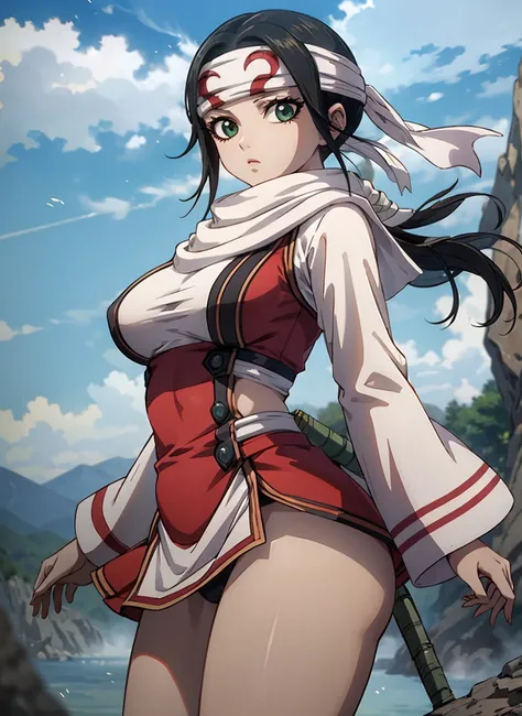  Masterpiece,   top quality,   in the seat,   black hair,   ponytail on panty,  green eyes,   headband,  scarf、 tight clothes 、 Big Breasts Women ,   cowboy shooting、   standing ,  alone,    stares at the viewer ,   blue sky, Wild Background、  torn clothes...