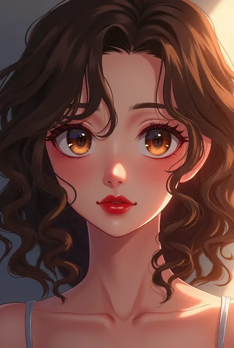 An anime girl with light brown curly hair, dark brown eyes, very sexy,  Red lipstick, striking and thick eyebrows, Very curly hair type 3C and below the shoulders