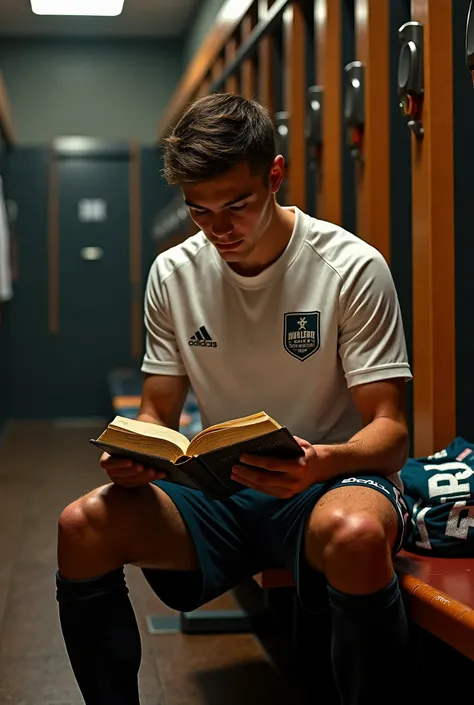 Create an image of a soccer player reading the Bible in the locker room, as if it were before the game started.