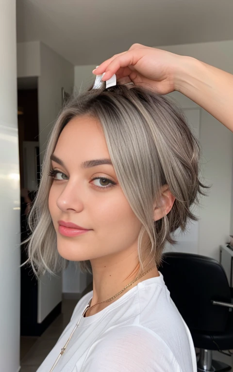 Beautiful 23-year-old girl  , at a hair salon  , changing her hair to gray 