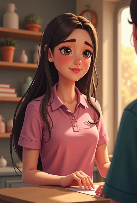 Image depicting a girl with makeup providing care in a store, You must have a pink polo shirt and have long brown hair