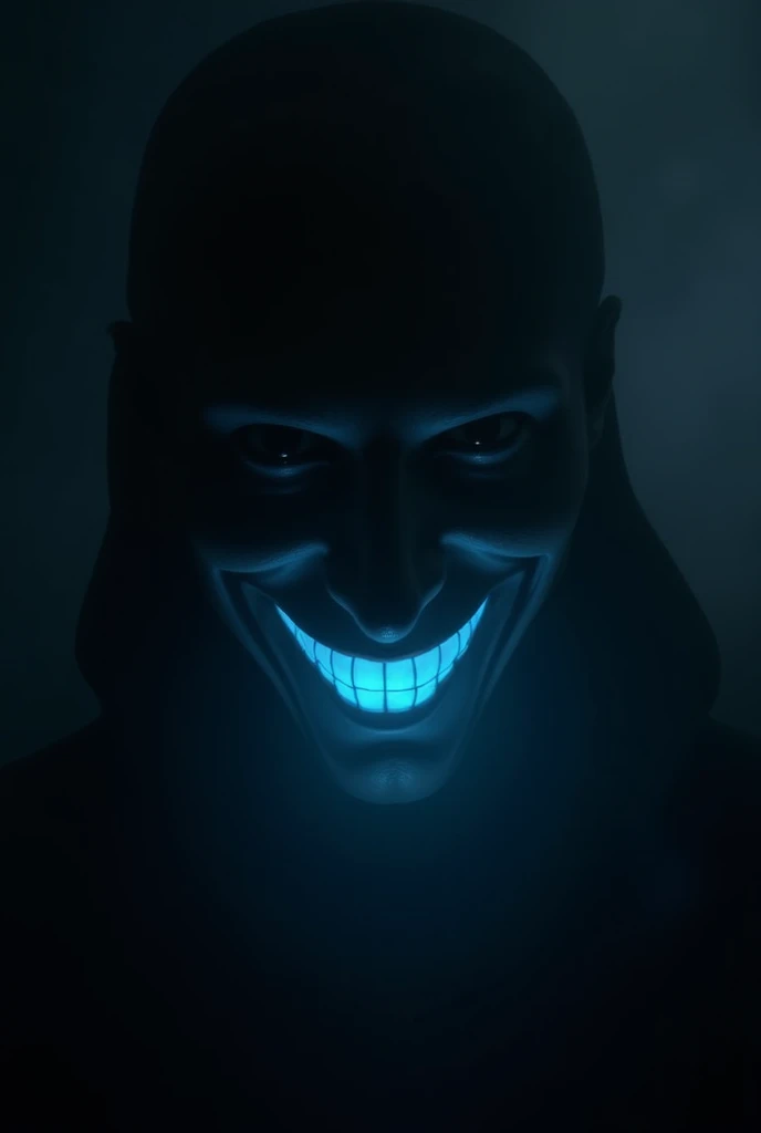  A face in the shadows with an enigmatic smile ,  barely illuminated by a faint blue light .  The background is dark with a fog effect and hidden symbols barely visible in the dark. Feeling of mystery and intrigue ." Format 9:16