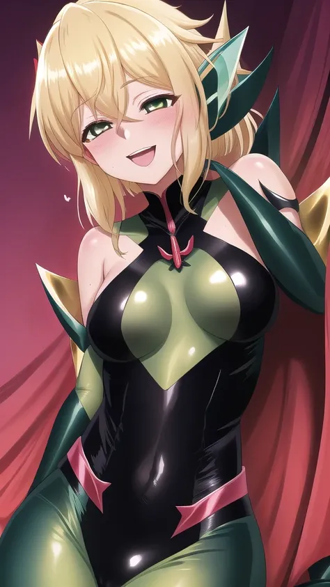   erotic、Akatsuki Song、Shiny Blonde、Big Breasts,  alone,shiny light green rubber suit,Evil Background、  top quality, Detailed faces,  detailed eyes ,  Hi-Res, smile、 dye her cheeks red、 sexy pose、lure、Estrus、Open your mouth slightly、adult、 cute、 is so love...