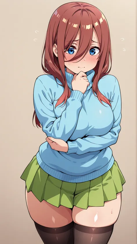 (obra maestra, the best quality, amazing quality),( official style),  Simple background , latest ,1 girl, miku nakano, The Quintessential Quintuplets , shiny skin,   long hair, shiny hair, alone,  ojos azules, ,(blue sweater),  medium breasts, green skirt ...