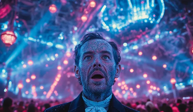 A close-up of a man in Victorian attire, his face bathed in neon blue and pink lights from a holographic, futuristic crystal floating just above him. His expression is intense, eyes wide, as his face reacts to the beats of the rave, caught in a moment of c...