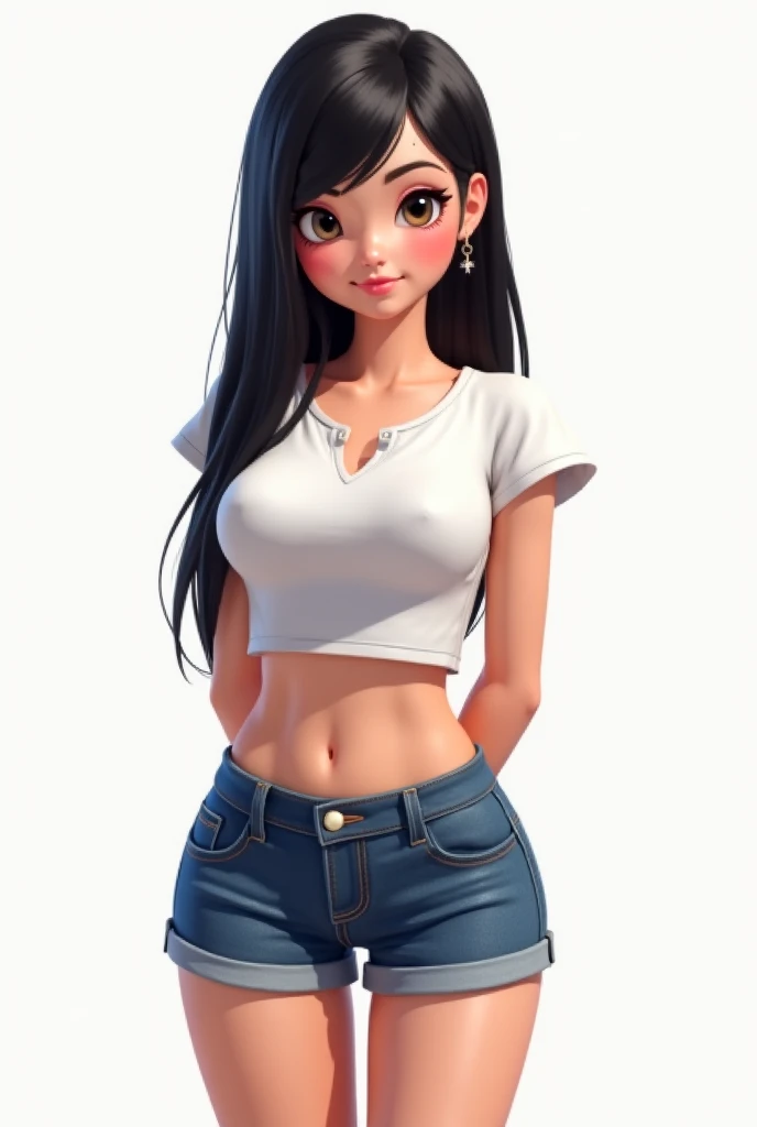 Create an image of a young woman character, between 18 and 20 years old, with straight black hair , Her skin is white and she wears denim shorts above the knee and a white cropped with a neckline,  do it with wide hips and in your pose,  do it from the fro...