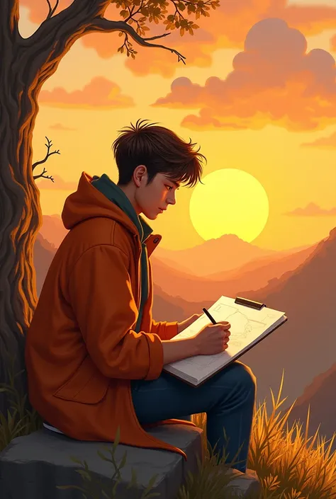 Create a masterpiece,Chico,Brown hair,orange coat, watching the sunrise,drawing,backwards