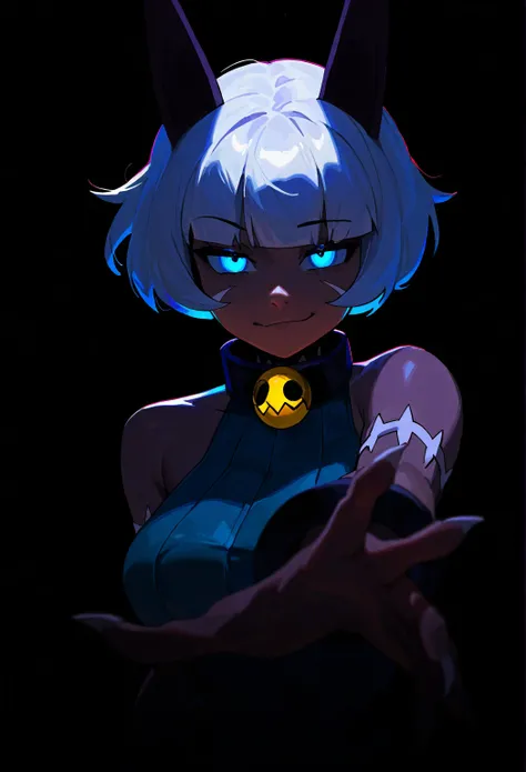 film grain, newest, very awa, masterpiece, highres, absurdres, year 2024, year 2023, 
ms. fortune \(skullgirls\), dark background, glowing eyes, expressionless, smug, staring, half-closed eyes, reaching towards viewer, 
 black background, simple background...