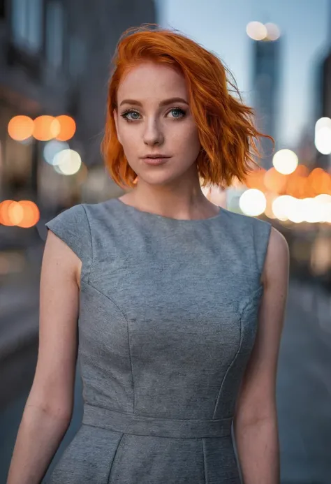 A young woman with vibrant orange hair and expressive eyes poses confidently in a modern urban setting. She wears a form-fitting gray dress that accentuates her silhouette, while her gaze exudes charm and authenticity. The blurred background with city ligh...