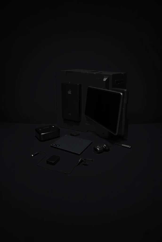 cell phone, tablet ,laptop and accessories on black background