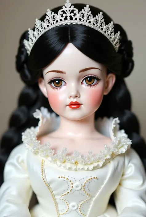 Antique style doll with tiara and white clothes,  dark brown eyes ,  black hair,  Clear skin