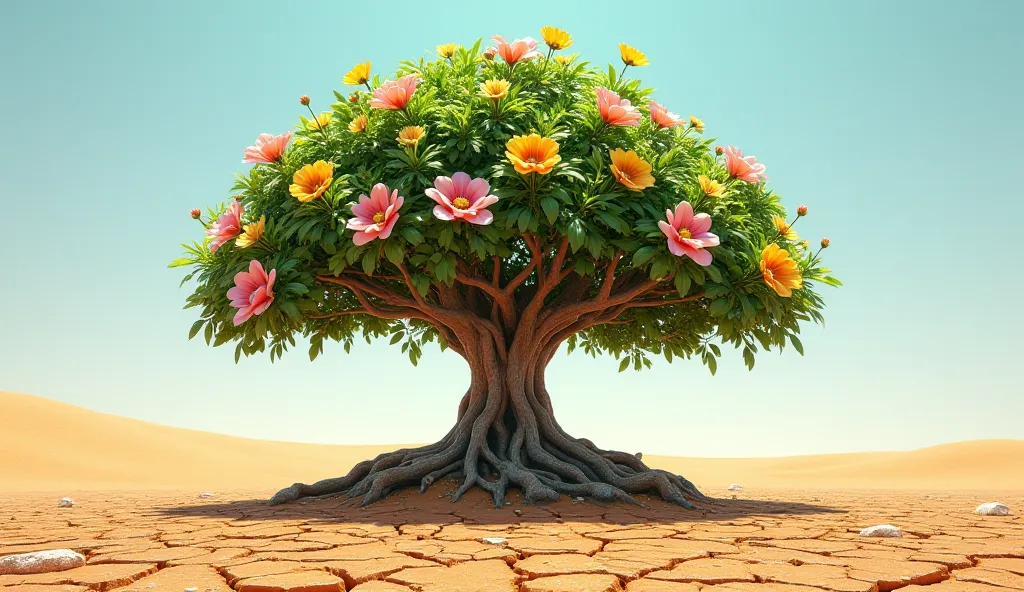 Image of a tree blooming after being a seed in dry soil, Hyper realistic. 