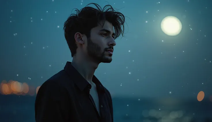 A handsome male model lost in deep thoughts, standing alone under the soft glow of the moon. His eyes reflect longing and nostalgia as if lost in the dreams of his beloved. He wears a stylish yet slightly unkempt outfit, giving a poetic and romantic vibe. ...