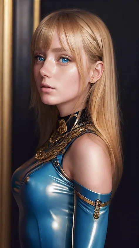 good quality, Best quality, photo- realistic, Rohfoto,  realistic, ultra  realistic 8k cg,  ultra detailed , High Resolution,  masterpiece,  1girl , 19yo,  long golden blonde hair, bangs,  blue eyes,  detailed face and eyes ,  Close Up ,  complicated detai...