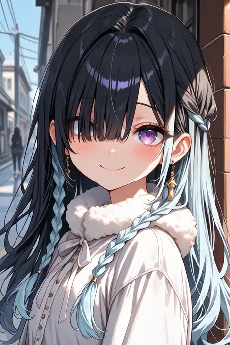  Masterpiece,   top quality,  best image quality,  1 woman , Height,  purple eyes,  Beautiful Eyes,  detailed hair,  black hair, (( hair with light blue tips)), ((black bangs )), light blue braids,  long hair, ((Cover one eye with bangs)), ((Bangs hang ove...