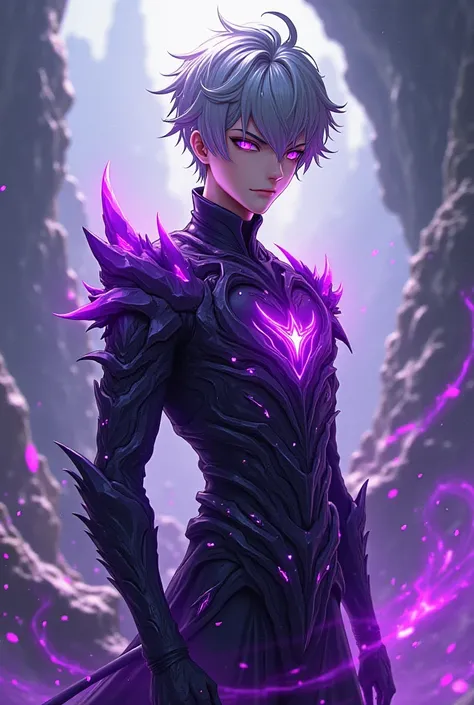 A male anime character around  with gray hair, purple eyes, and purple aura. 