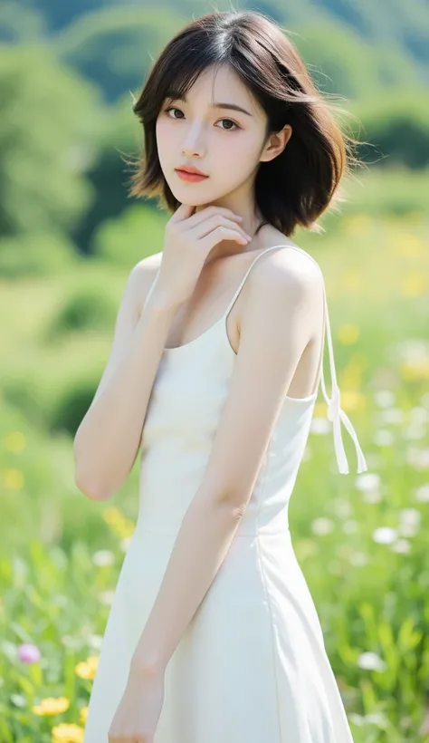 Japanese Idol Women,
Beautiful face, lustrous hair, smooth white skin,
Bright sunlight, well-prepared light source,
1 girl standing in a Japanese garden in the mountains, 
short hair with braids, dark hair, brown eyes,
White camisole one-piece dress, minis...