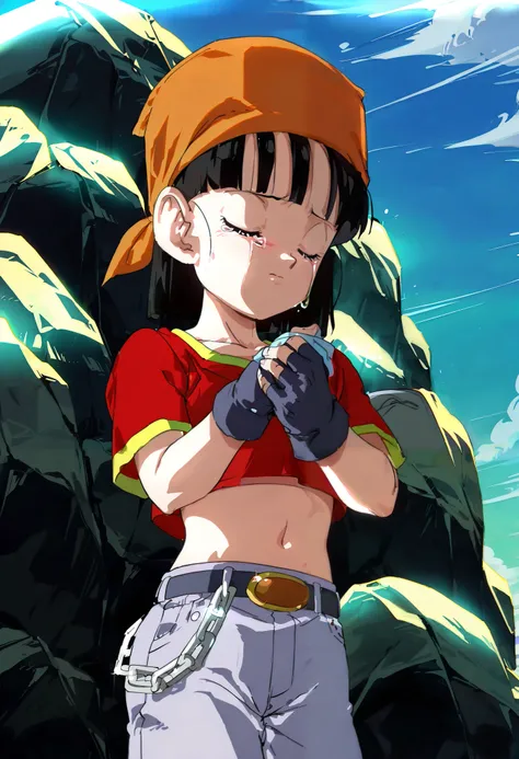source_anime, score_9, score_8_up, score_7_up, anime screencap, absurdres, high quality,
pan \(dragon ball\), dragon ball gt, official style, 1girl, solo, short hair, bangs, black hair, navel, closed mouth, tears, sad, closed eyes, short sleeves, outdoors,...