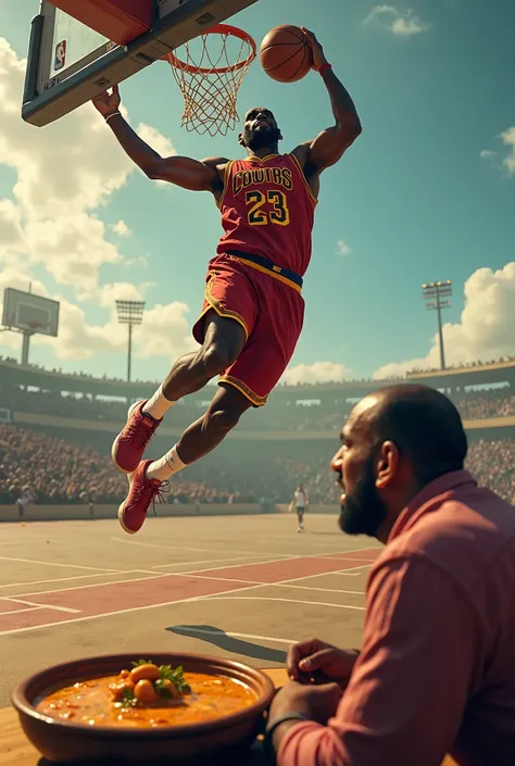 Lebron James dunking on a indian eating chicken curry