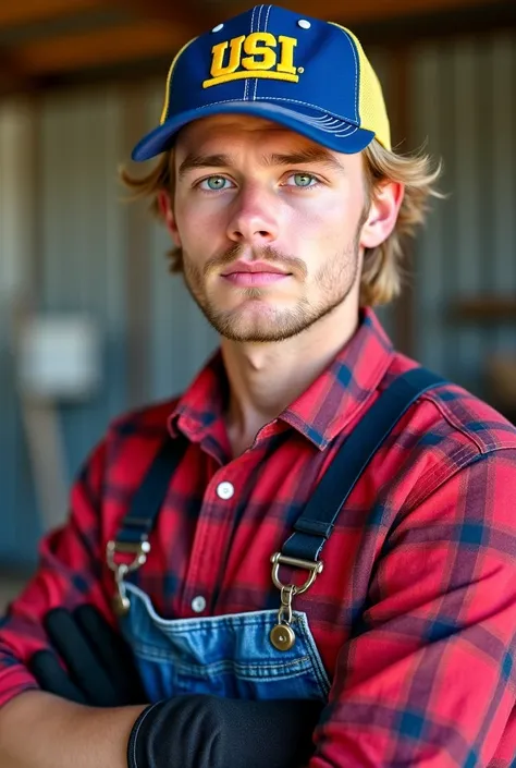 A farmer with blonde hair and blue eyes, wearing a red plaid shirt, he’s wearing a blue and yellow ‘USI’ logo hat and wearing blue jeans and black farm gloves, he’s stoic and quiet, no facial hair, a young Asian 