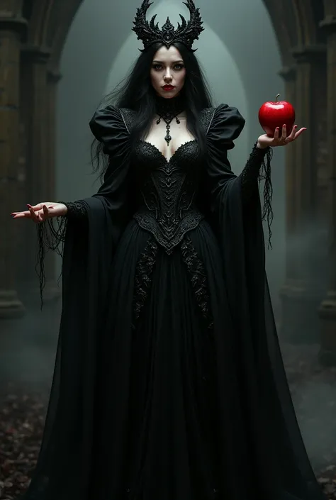 Girl,Black long hair，Black Queen，accessories，Apple in hand，Poison apples，Witch Queen，Red lipstickek