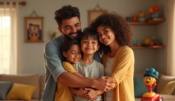 A cozy house in Australia , with a smiling family embracing an Indian boy with their eyes extended. In the background,  family photos and colorful toys indicate their new life ."