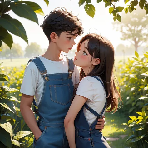 young brother and sister kissing overalls