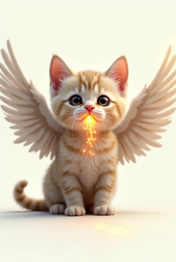 A realistic kitten has opened its wings and makes small flames from its mouth, and the background is white 