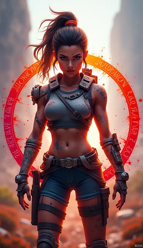 Color logo, splash style, splatter. Dynamic plot. Aloy is a character in the computer game Horizon Zero Dawn. Round frame with the inscription along the contour: "Zero Dawn", blurred thematic background, Bright glow, high detail, vibrant colors, UHD, 16 th...