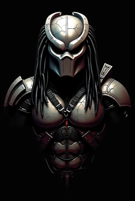 Create a predator wallpaper, In the cracked style, black background, I think it's just the torso and head of a predator and that it's a combination of a predator and Ronin armor, tipo caricatura 2d con pocas tonalidades de color diferentes