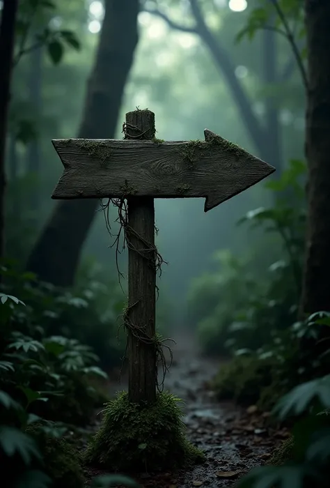 In the dark  ,  swampy jungle there is a wide arrow made of worn wood that indicates going to a path, 4k , gamer