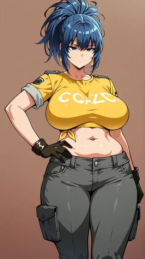 (obra maestra, the best quality, amazing quality),( official style),  Simple background , latest ,1 girl,  Simple background , beautiful eyes,Leona Heidern, yellow top, grey pants, belly button,  big thighs ,  big breasts, adominales,  blue hair,  ojos azu...