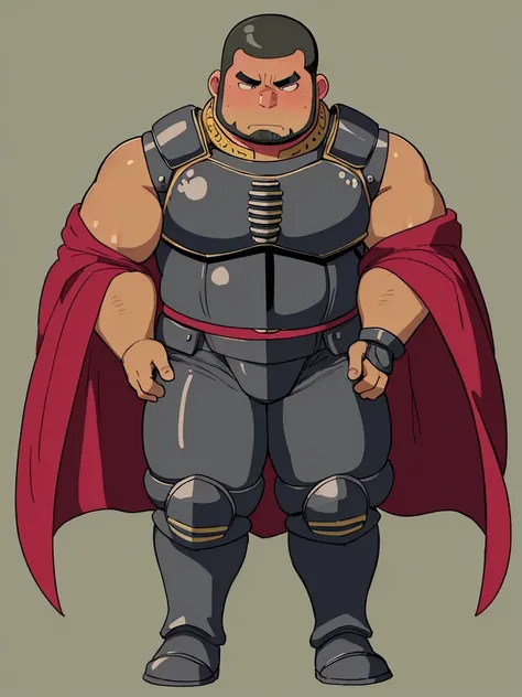 Cartoon network style , (masterpiece, best quality:1.2), 1man, solo, Chubby, Papa, Chubby , Dark-Tan skin , crew cut , ashamed face , Black armor , shoulder armor, breastplate, closed mouth, pauldrons , standing , boots , full body