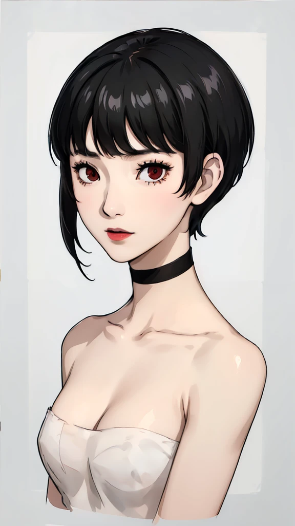 1 girl, very Short hair, tomboy Pixie haircut, bangs,black hair, red eyes, black lipstick, black choker, face portrait, nude, front face, white background, front face, face portrait, front face portrait, front face helper, unexpresive