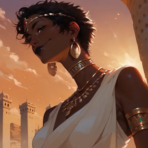 1 head, one head, solo, perfect detailed body, detailed eyes,
Sajani, black hair, short hair, dark-skinned female,brown eyes, black lips, piercing,neck ring, jewelry, armlet, bracelet, circlet, lonicloth, palace, desert, light particles, sunset, from below...