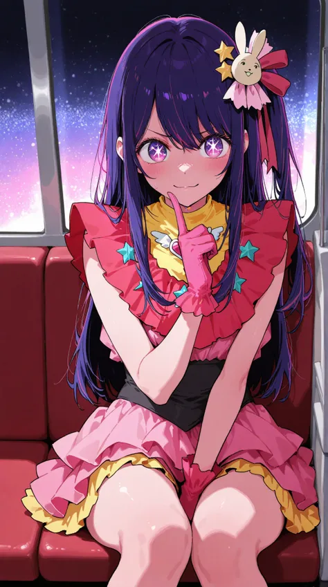    in the seat,     Hoshino Ai   \(Oshi no Ko \), Oshi no Ko ,    long hair,      purple eyes ,   purple hair, Star-shaped eyes,    Idol Costumes 