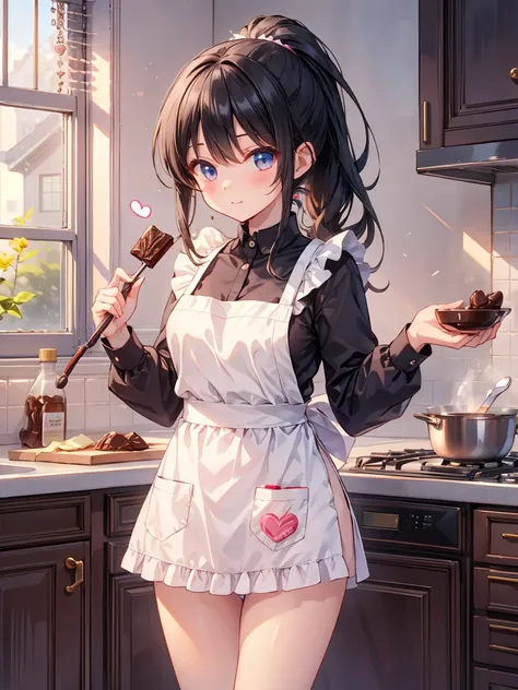  cute high school girl、 Valentine's Day 、 kitchen、 long hair,  black hair,  ponytail on panty,  apron、Chocolate making