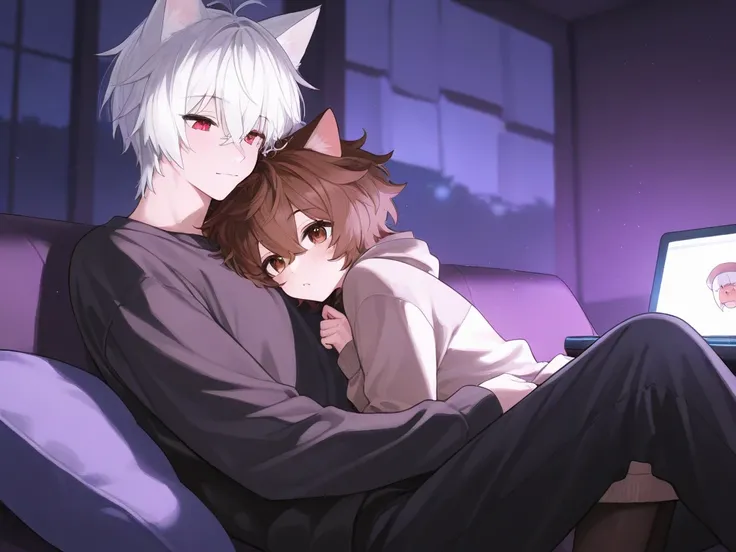 Night, Catgirl straddles on boy's lap, cuddling and nuzzling to his chest while he pats her. Catgirl has white hair and red eyes. Boy has brown messy hair and brown eyes, man. They're in cozy house on couch, the room has soft purple lights. There's a lapto...