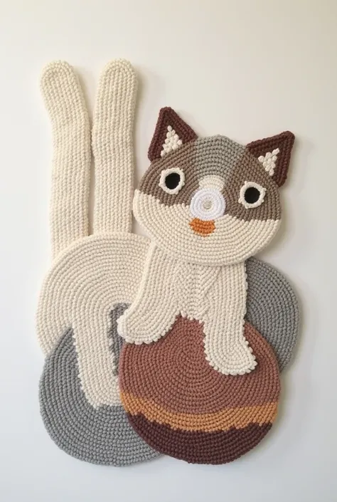 Collect the colors and shapes of the stripes from the photo of this kitten, Come up with a total of three colors only and crochet in the shape of the pieces in the photo with the colors of the kitten.