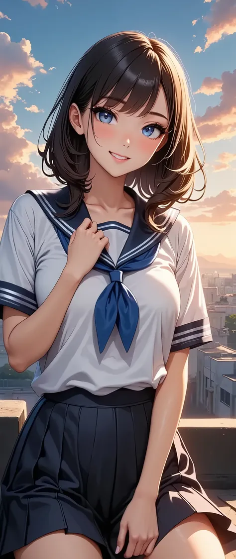  beautiful girl,  sexy high school girl ,  sexy pose,  1girl , Realistic,  HIGH-COLORED FACE , Detailed Eyes, Dense lips ,  long eyelashes,  perfect skin,  Dynamic Poses , Functional,  elegant,  Stylish Outfits ,  school sailor uniform ,  pleated skirt,  t...