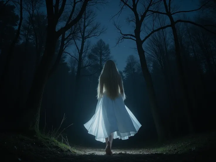 Long-haired Nordic woman walking among trees in a dark forest at night to the camera. Dressed in a white dress barefoot. The camera light illuminates it, 