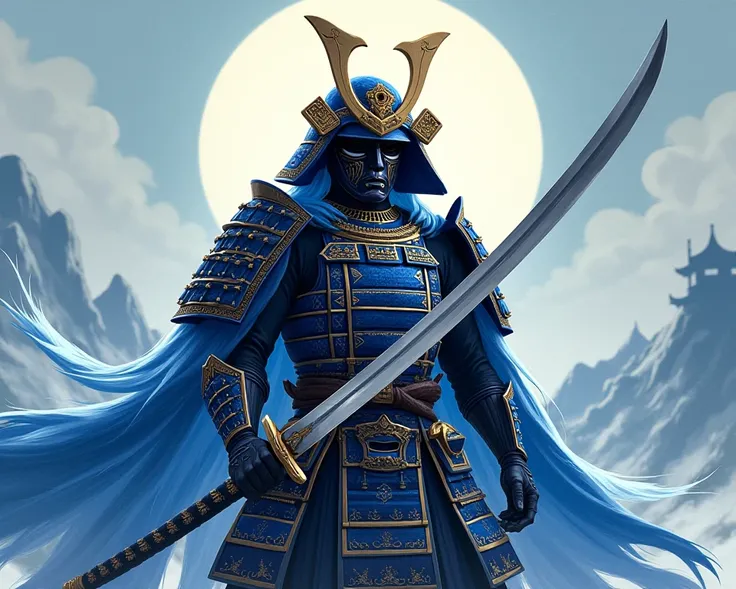 Blue white and black samuraj  with mega big sword with black and gold mask