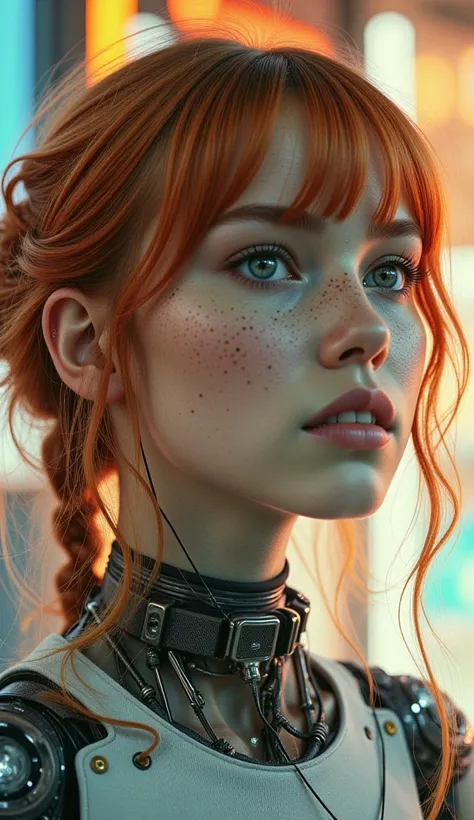 (Fine details:1.3), Limited color palette, (move:1.4), 1 girl, aldult (A river:0.7) Miss, freckle, Pink Eyes, Ginger Rob Hair, Solitary, Half Shot, look up, Detailed background, Delicate face, (vintagefuturism AI, vintagefuturism Themes:1.1), android, , Bi...