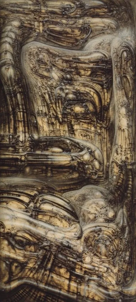 Please reproduce the original image as accurately as possible, capturing the intricate details of the biomechanical structures, the dramatic lighting, and the overall sense of unease. Find and enhance depiction of Giger's demons and creatures.(best quality...