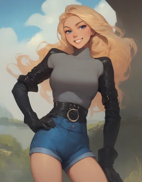 land, 1 girl,  Blond hair, Alone ,  long hair, blue eyes, Gloves,   grey shirt ,  Long Sleeves Leather,  blue shorts ,  Smile,  looking at the spectator ,  hand on one's own hips,  cowboy shot,