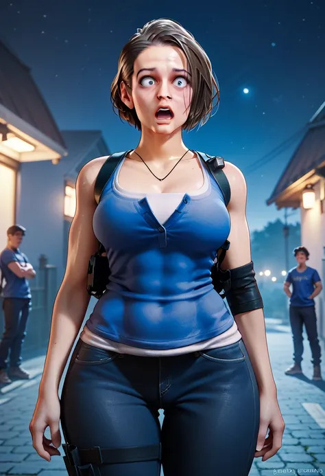 Jill valentine,large boobs,facing viewer,pants,outside,night time,dark sky,thick thighs,shocked face,looking at huge grey cock cock,